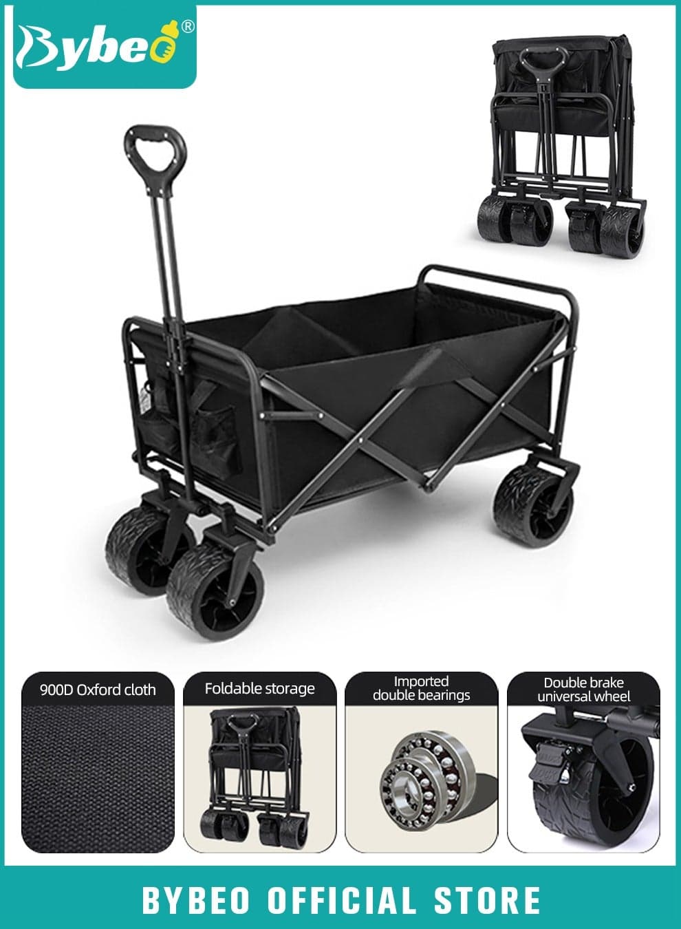 Foldable Wagon Carts, Utility Camping Cart, Collapsible Heavy Duty Trolley Cart, Portable Shopping Trolley with Wheels Adjustable Handle, Outdoor Transport Trailer, Large Capacity for Garden Picnic