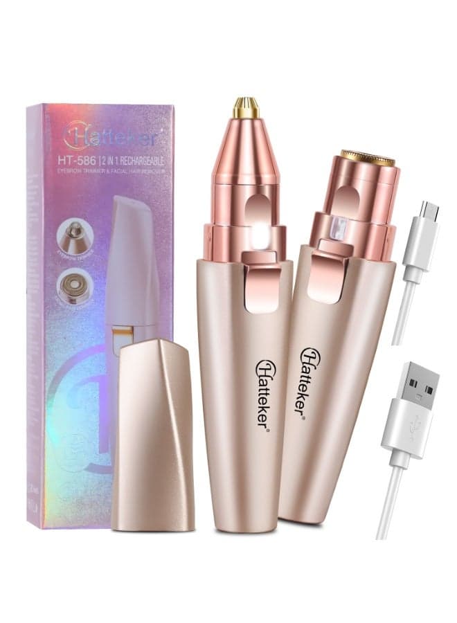 Hatteker Eyebrow & Facial Trimmer: 2 in1 Rechargeable Facial Hair Removal & Eyebrow Shaver - Body Razor with Built-in LED Light (Rose Gold)