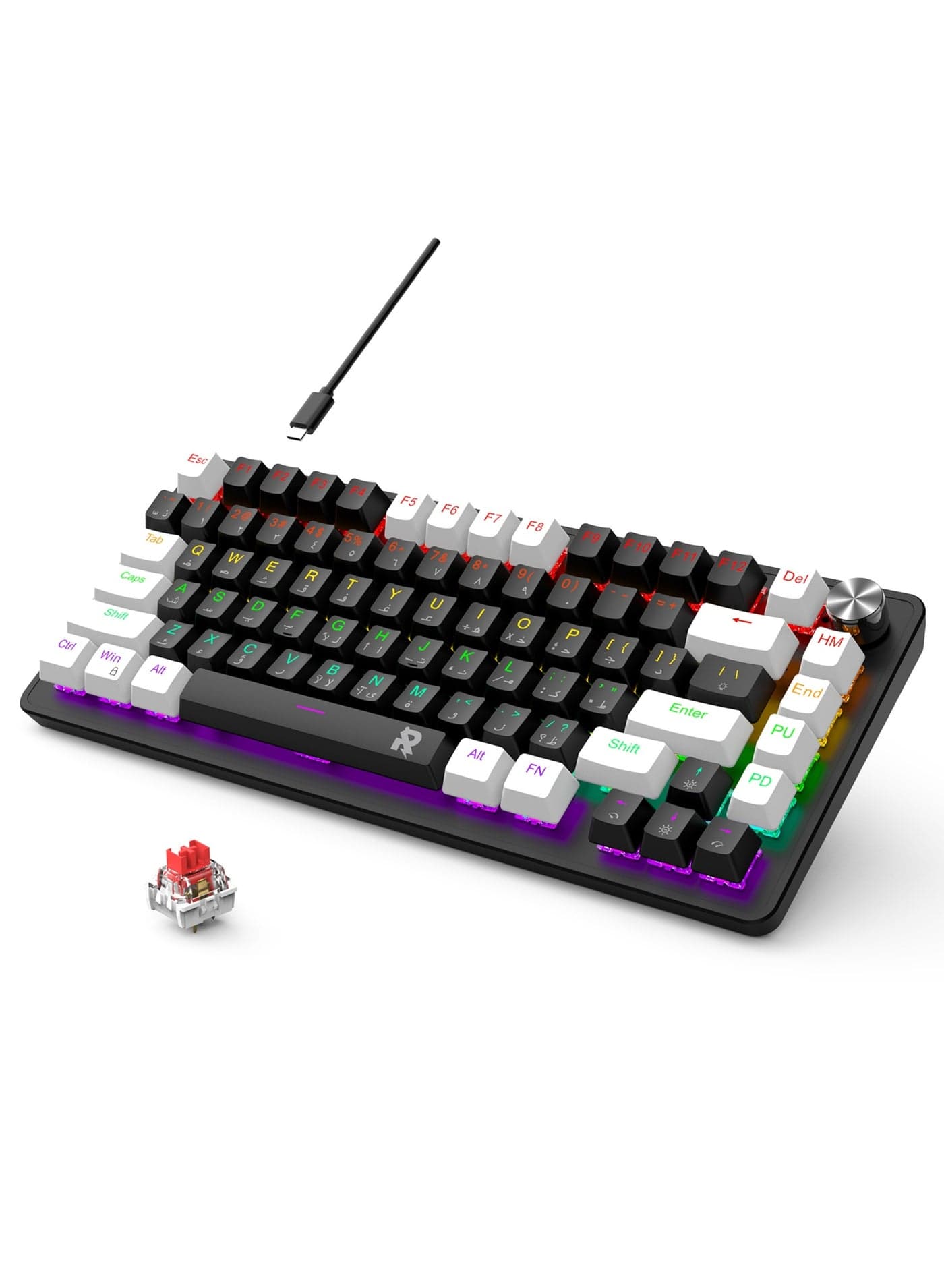 ROCK POW 70% Gaming Keyboard,Arabic English 82 Keys Mechanical Keyboard with RGB Backlit 19 Modes,Volume Lighting Knob Wired Mini PBT Keycaps for PC Gaming and Working (Red Switch)