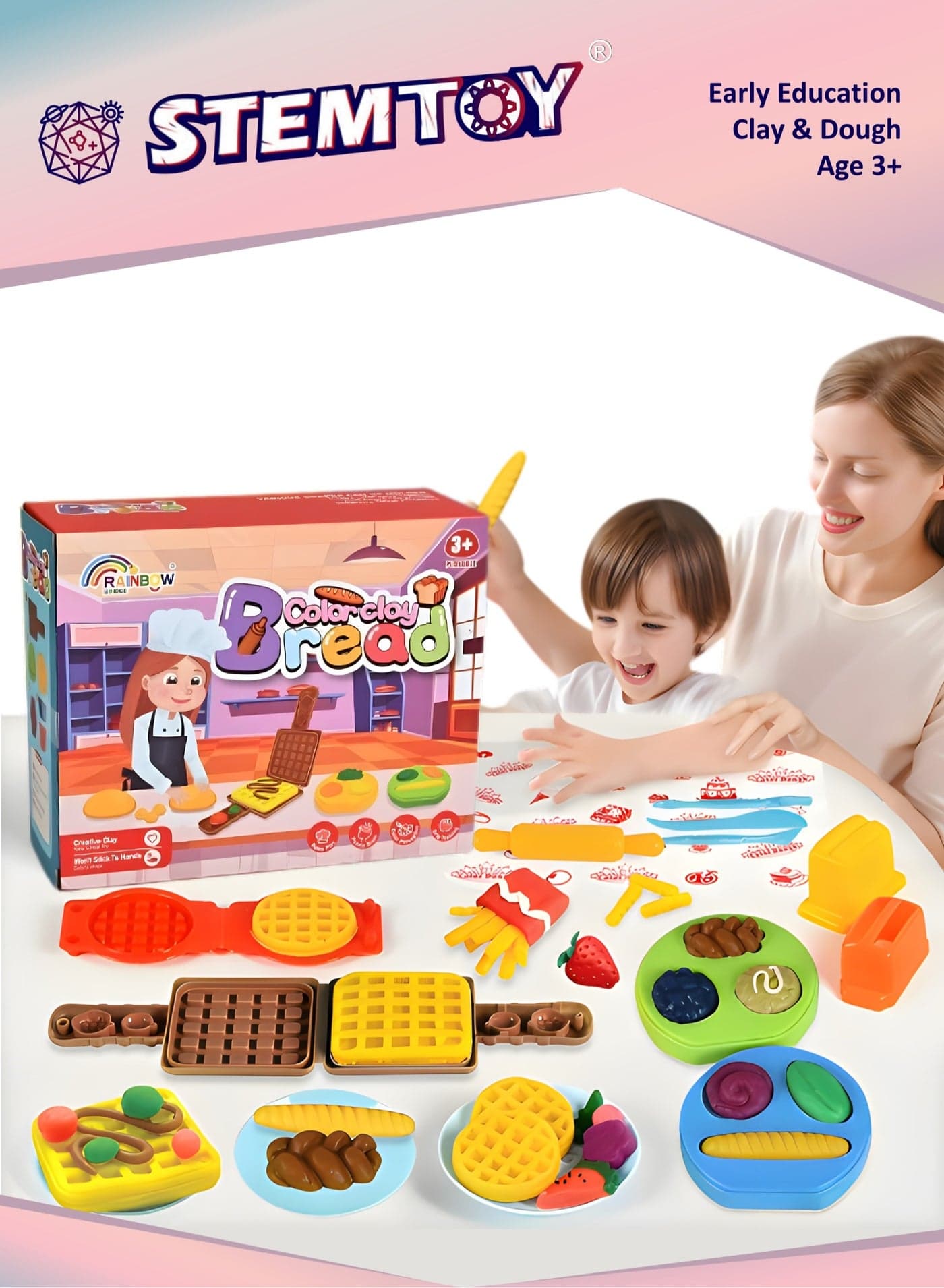 DIY Playdough Set Play Dough Tools Play Clay Kit Bakery Waffles & Pastries Play Set Shop Pretend Play Kitchen Pretend Play with 22 Pcs Play Dough Accessories and 12 Color Dough, Toy for Kids Girls Boys Ages 3+ Family Role-Playing Birthday Gifts