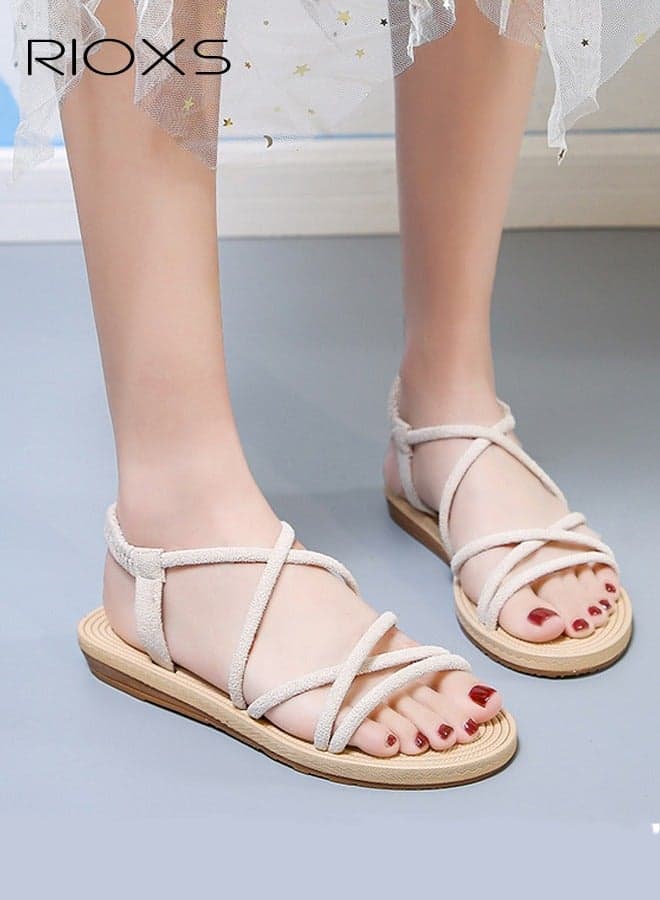 Women's Strappy Sandals, Comfortable Open Toe Flat Sandals with Ankle Strap, Summer Roman Slide Sandals, Ladies Braided Sandals, Vacation Beach Slide Sandals, Fashional Dressy Sandals for Travel, Hawaii, Dating, Work, Daily Wear, Beige