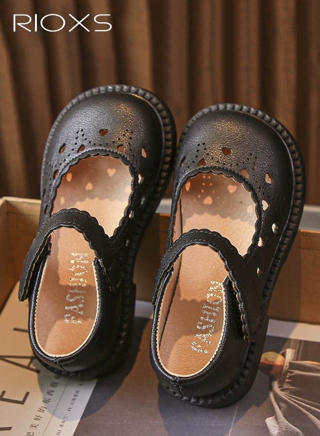 Girl's Dress Shoes, Leather Mary Jane Flats Ballerina Princess Shoes with Ventilation Holes for Kid Toddler, Comfortable School Uniform Dress Shoes for Wedding Performance Prom Party Graduation, Black