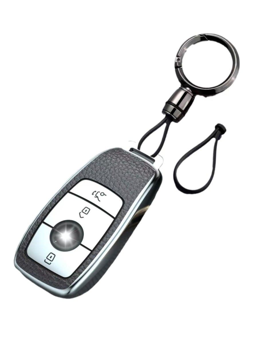 OUYoo Car Key Case Suitable for Mercedes Benz, Key Case Cover for E Class 2017 S Class 2018 TPU Silicone Leather Texture Protective Case,Bring a key chain.