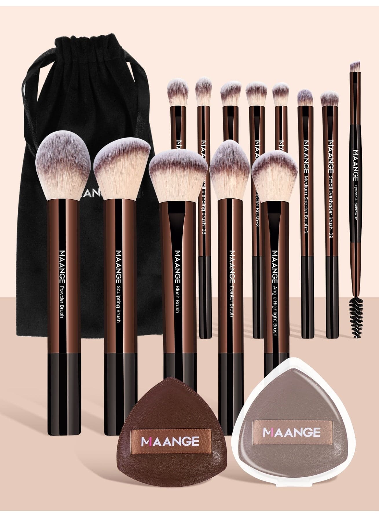 16Pcs Makeup Tool Set, Professional Makeup Brush Sets- Including Blush Brush, Contour Brush, Foundation Brush, Concealer Brush, Eye Shadow Brush, Powder Puff and Cloth Bags(Brown)
