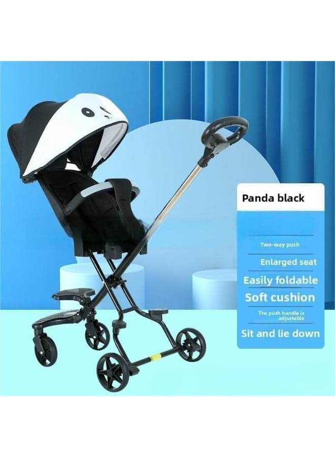 Baby Stroller With Foldable Four Wheeled Walking Tool For Babies, Suitable For Sitting Or Lying Down Black Panda