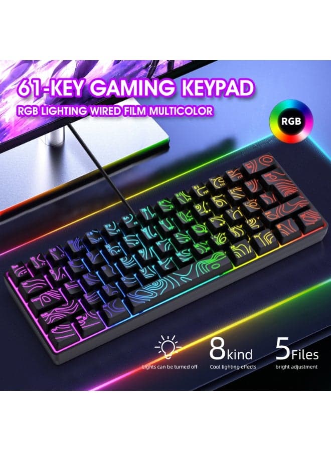 61-Key English Gaming Keyboard, RGB Backlit Multicolor Wired Film Keyboard with Floating Keycaps, Soft Touch & Bass Button Design, Conflict-Free for PC, Mac, E-sports