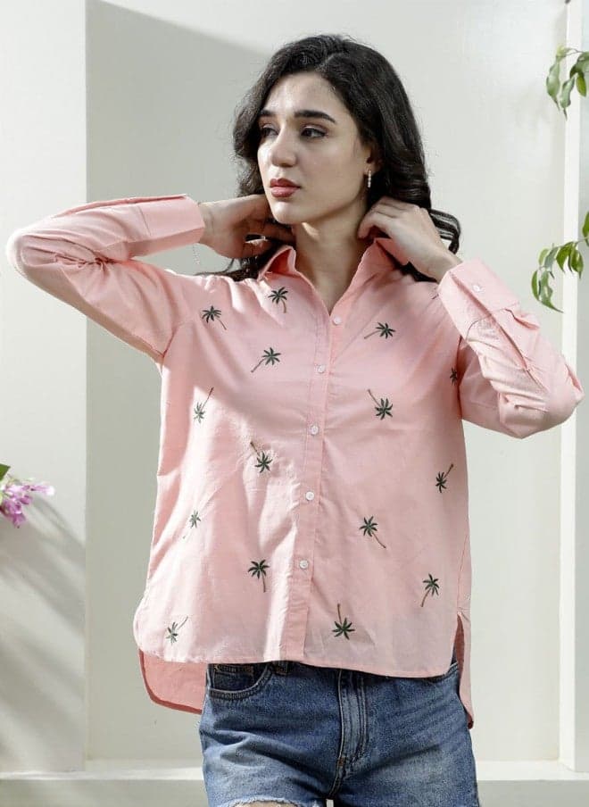 Floral Embroidered Pink Cotton Shirt for Women
