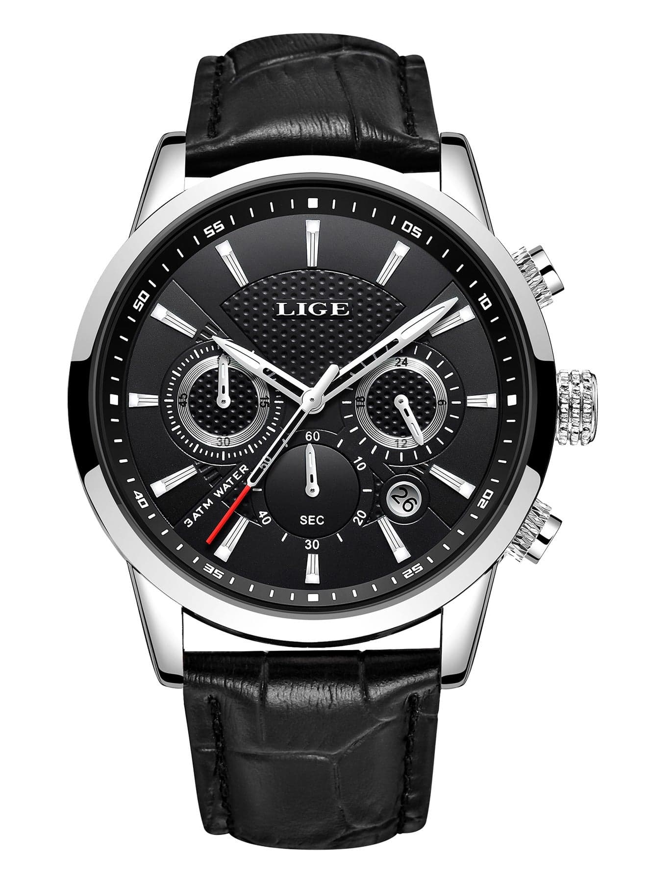 Mens Luxury Waterproof Black Leather Strap and Dial Fashion Quartz Watches Luminous Chronograph Sports Watch for Business Men