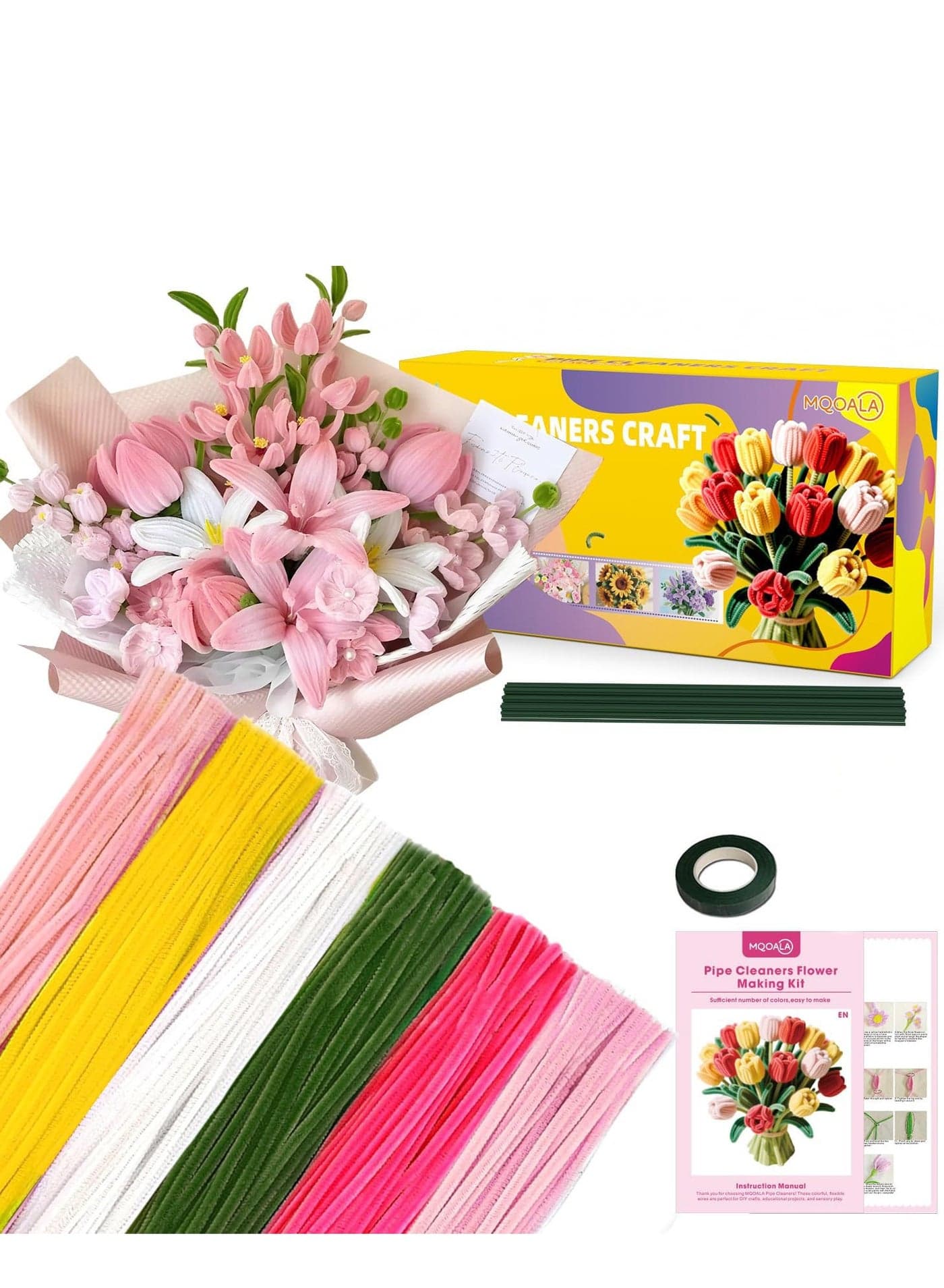 Pipe Cleaners Craft, 450Pcs Pink Tulip Pipe Cleaner Bulk Flower Kit Chenille Stems for DIY Pink Lily Rose Bouquet Making Multi-Color Thick Fluffy