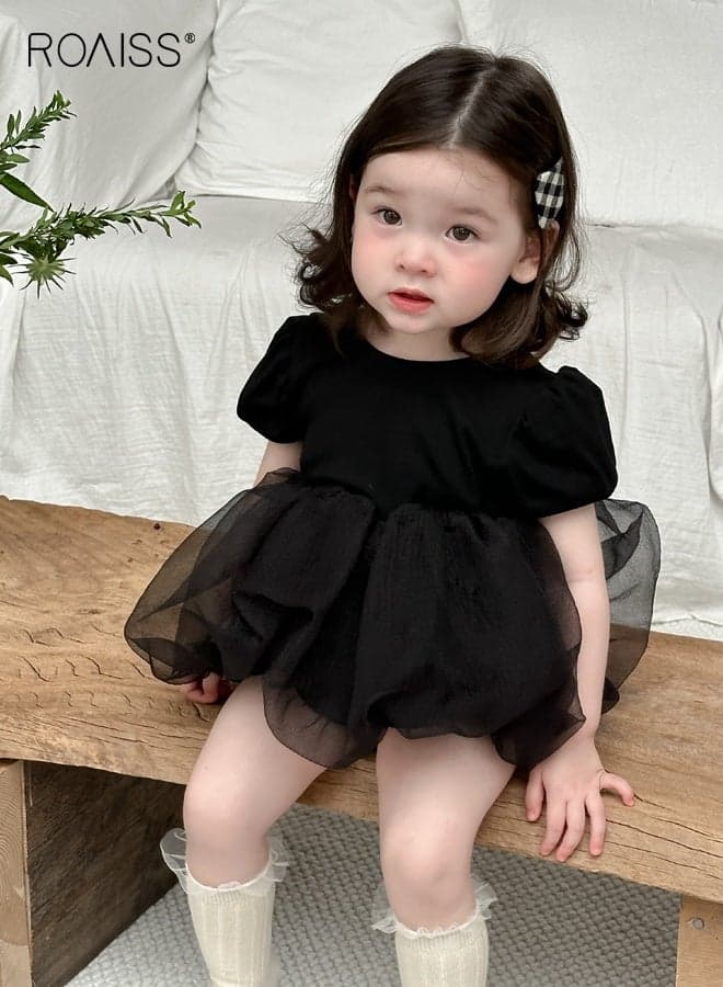 Baby Girls Playsuit, Adorable Solid Bodysuit, Short Sleeve Jumpsuit, Elegant Romper Dress, Newborn Tutu Dress, Easy to Wear and Change Diapers