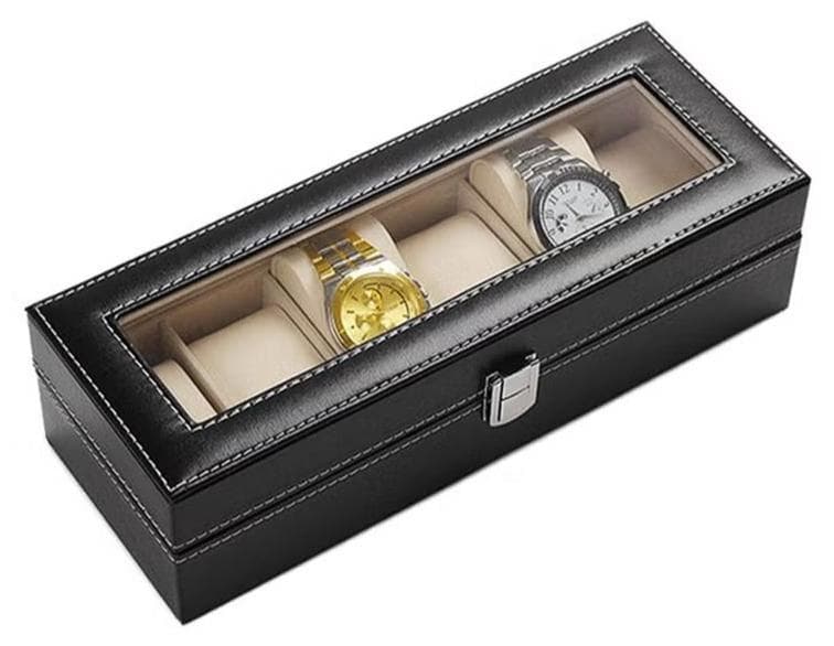 6-Slot Leather Watch Box Display Case – PU Leather Watch Organizer with Crystal Glass Lid & Soft Cushions – Luxury Storage for Men & Women