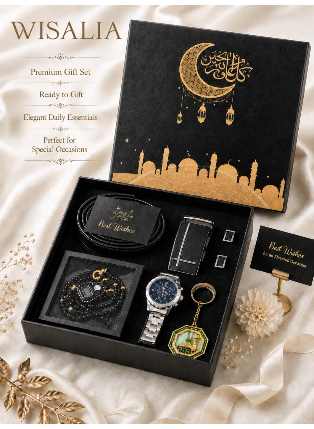 Gifts for Men, 6-Piece Luxury Gift Set for Men with Men‘s Watch, Belt, Bracelet, Digital Counter, Cufflinks and Keychain - Eid, Ramadan, Birthday and Father’s Day Present