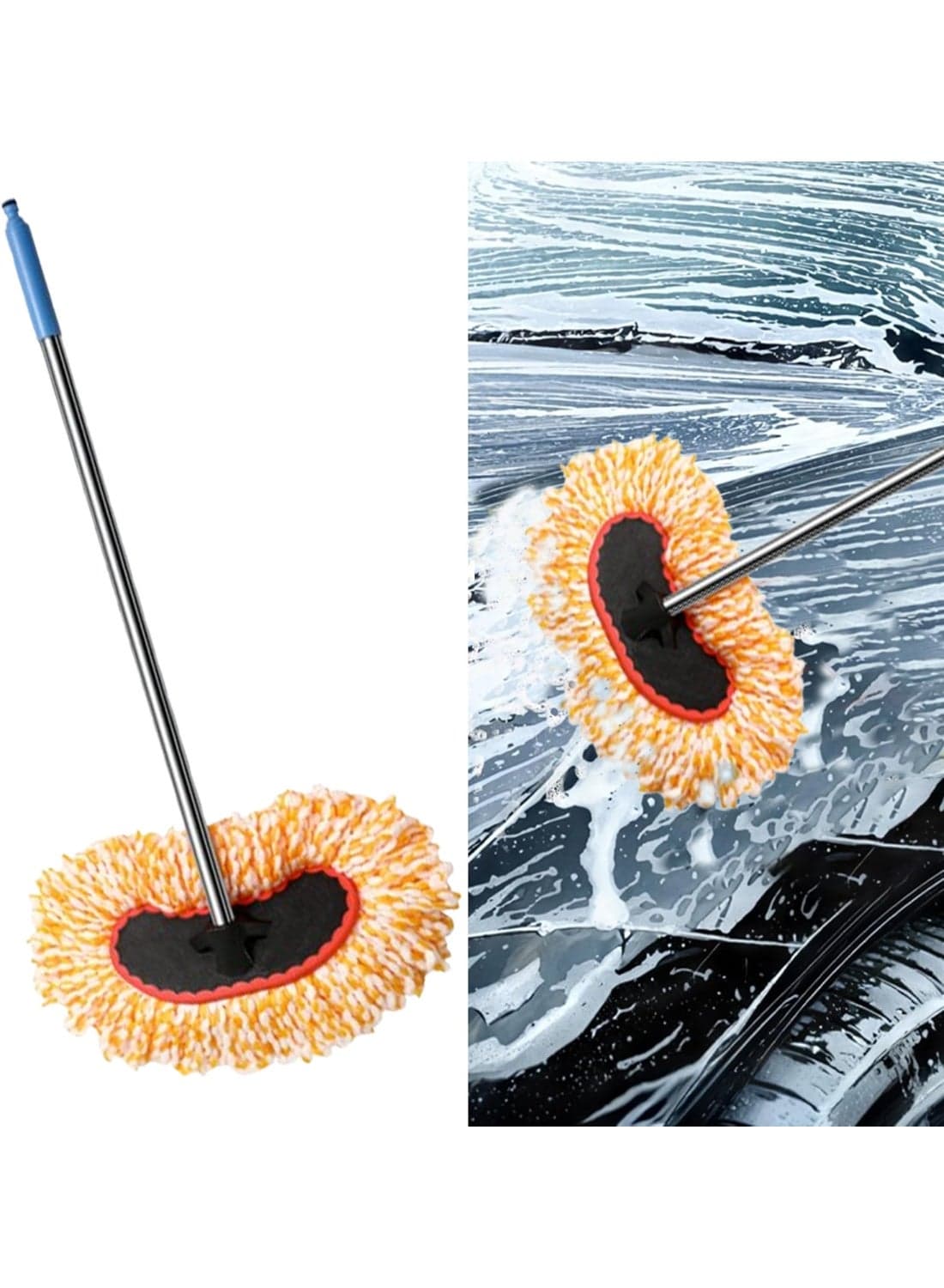 Long Handle Car Wash Mop, Water Connectable Car Cleaning Brush for Car, Truck, RV (Water Hose Not Included)