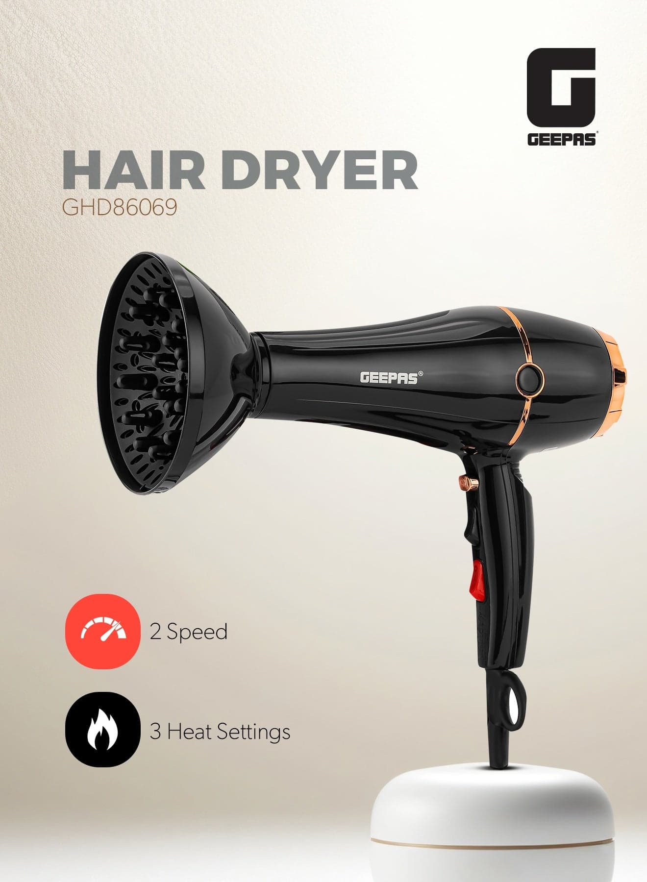 2200 W Hair Dryer- GHD86069 High Speed And Cool Shot Function, 2 Speed, 3 Heat Settings Includes Nozzle, Diffuser, High Speed Long Life AC Motor