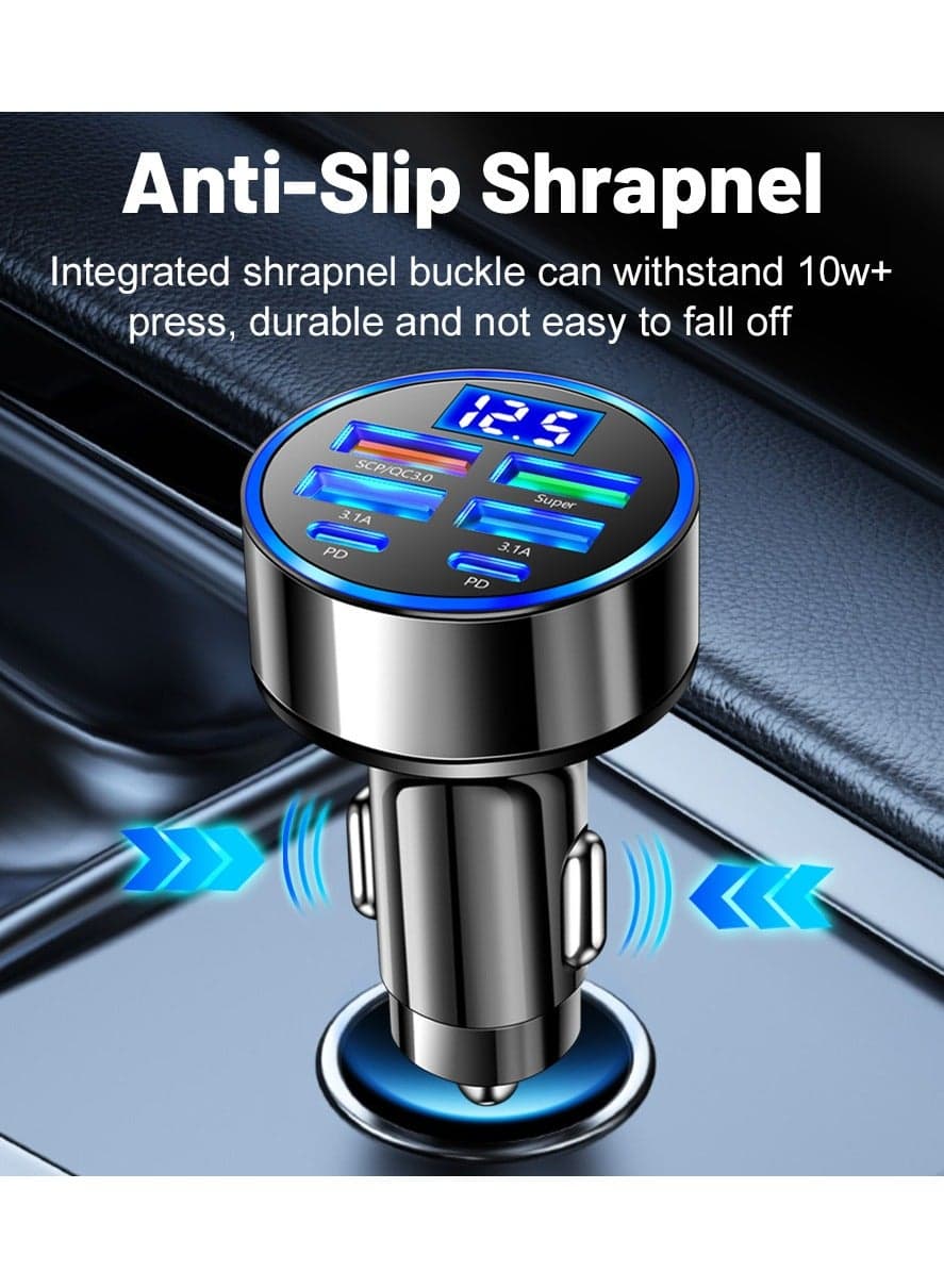 6Ports Car Charger 2 PD 4 USB Super Fast Charge 100W Car Charger Fast Charge with LED Light Display Car Charger Adapter Black