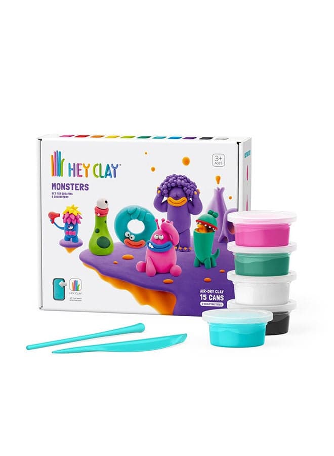 Monsters Set-Colourful Modeling Kids-Air Dry Clay Kit 15 Cans And Sculpting Tools