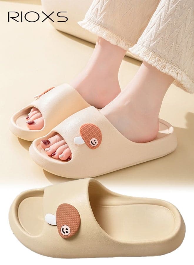Women's Slippers, Adorable Cartoon Slides Open Toe Cloud Slippers, Confortable Thick-soled Room Slippers, Non-Slip Quick Drying Shower Slipper for Womens, Soft Lightweight Bathroom Slip-ons, Ladies Indoor Outdoor Footwear for Spa Bath Pool Gym Travel, Beige Slippers