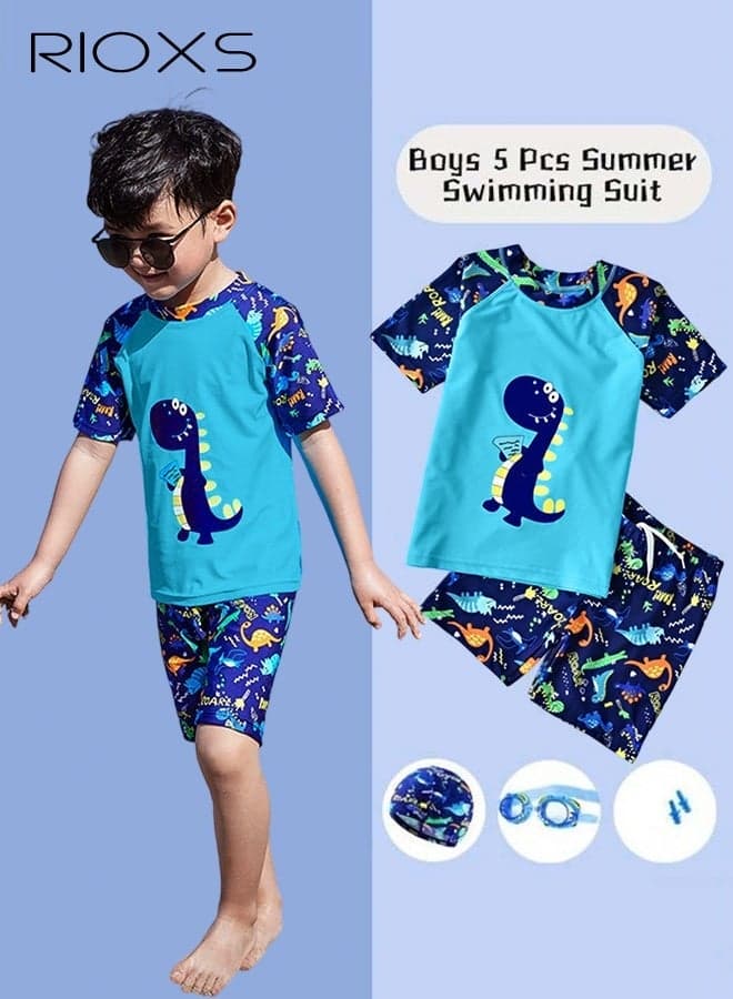 Boys Rash Guard Swimsuits Set, Watersports Clothing For Toddlers Kids Boys, Dinosaur Rash Guard Swimwear, Comfy Top And Shorts With Swimming Goggles, Bathing Cap And Earplugs, Blue