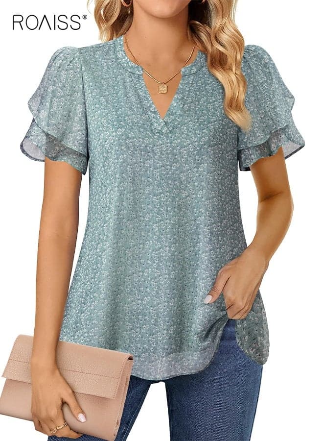 Women's Dressy Chiffon Blouse Summer Puff Petal Short Sleeve Shirt V Neck Casual Work Top Work Office Commuter Shirt Casual Everyday Loose Top for Women Green