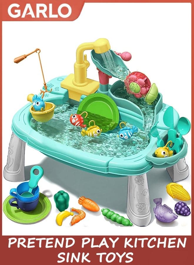 Play Sink with Running Water, 31 x 24 x 38.5 CM Mini Kitchen Sink Toys for Toddlers, Includes Electric Faucet, Play Food, Fishing Game and Waterwheel - Sensory Toys for Girls and Boys