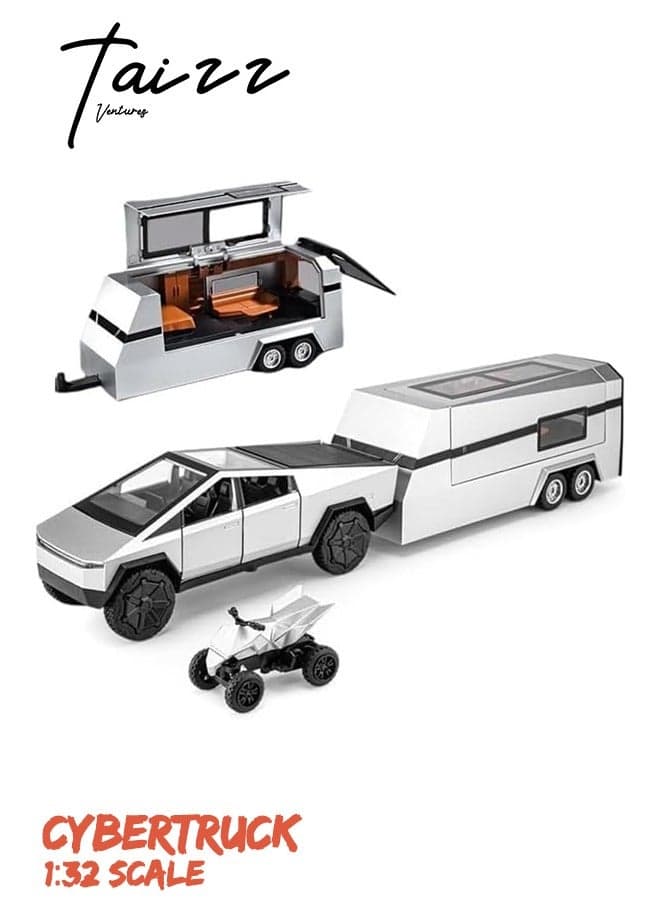 1:32 Cybertruck Kids Toy Diecast Metal Cyberquad RV Pickup Truck and Trailer with Lights, Sound, Pull-Back Function, Ideal Gift for Boys, Interactive Model Car for Display & Play - Silver