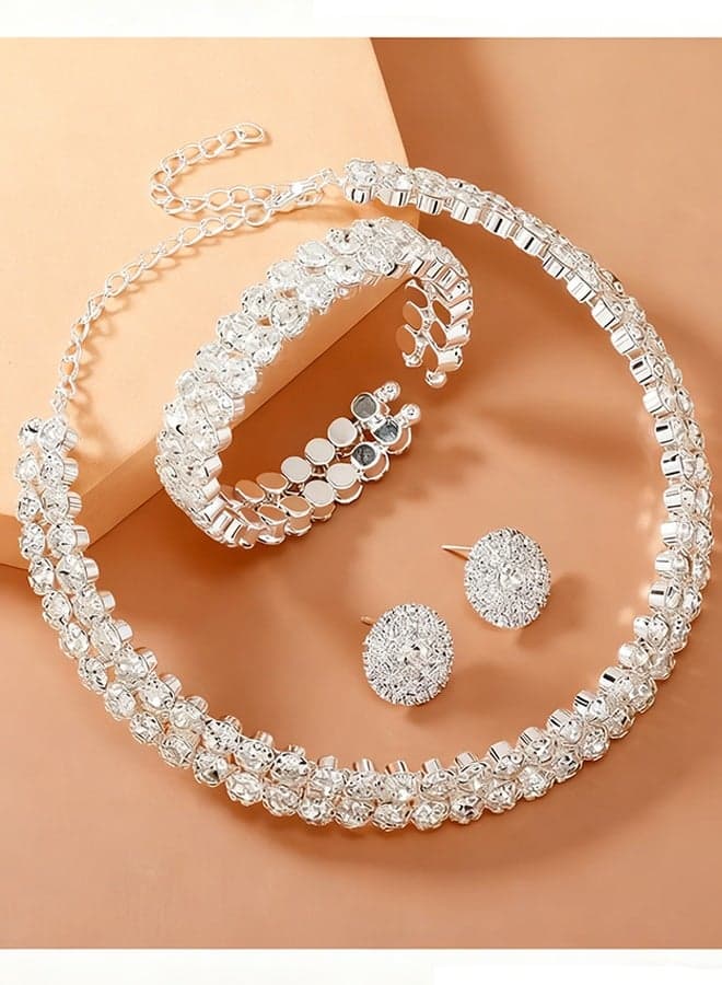 3 Pcs Rhinestone Choker Bracelet Earrings Jewelry Set Double Row Round Diamond Collar Necklace Bridal Evening Dress Accessories for Girlfriend Wife Mother Bridesmaids Wedding Party Accessories