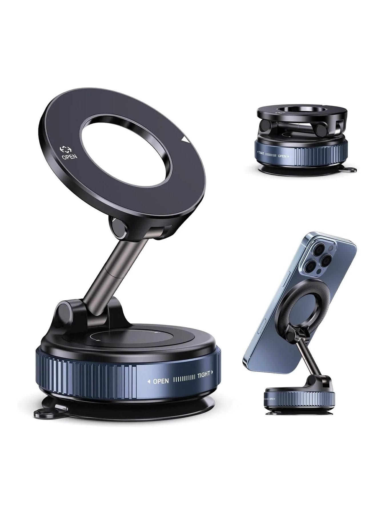 Magnetic Foldable Car Phone Holder with Strong Suction Cup – 360° Rotatable Dashboard & Windshield Mount Stand Compatible with MagSafe & All Smartphones