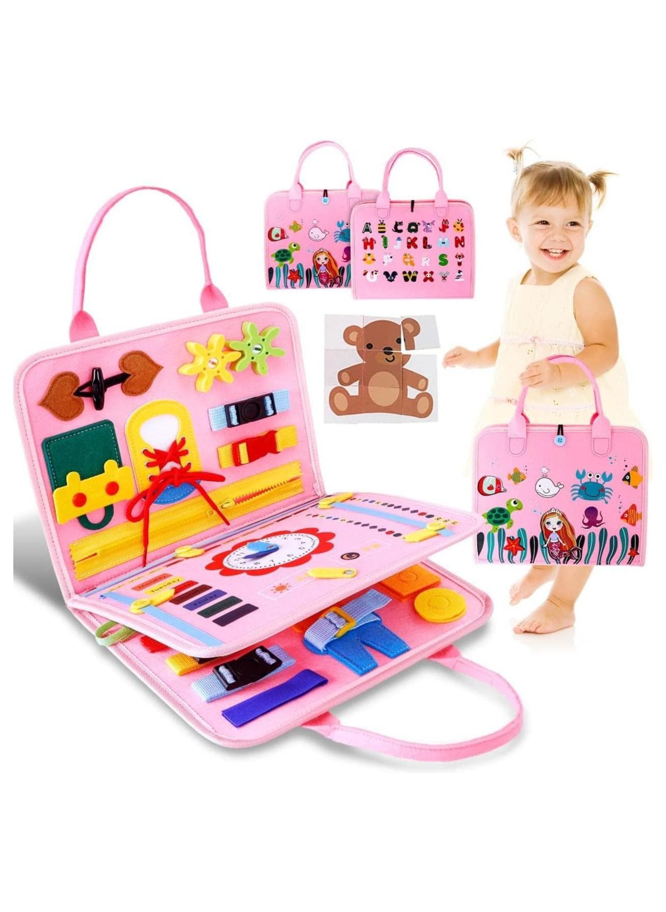 Montessori Busy Book Sensory Board for Toddlers, Portable Quiet Book Activity Board for Early Learning, Kids Travel Toy for Fine Motor Skills & Life Skills Training, Soft Felt Busy Board Toy, Pink Mermaid Design