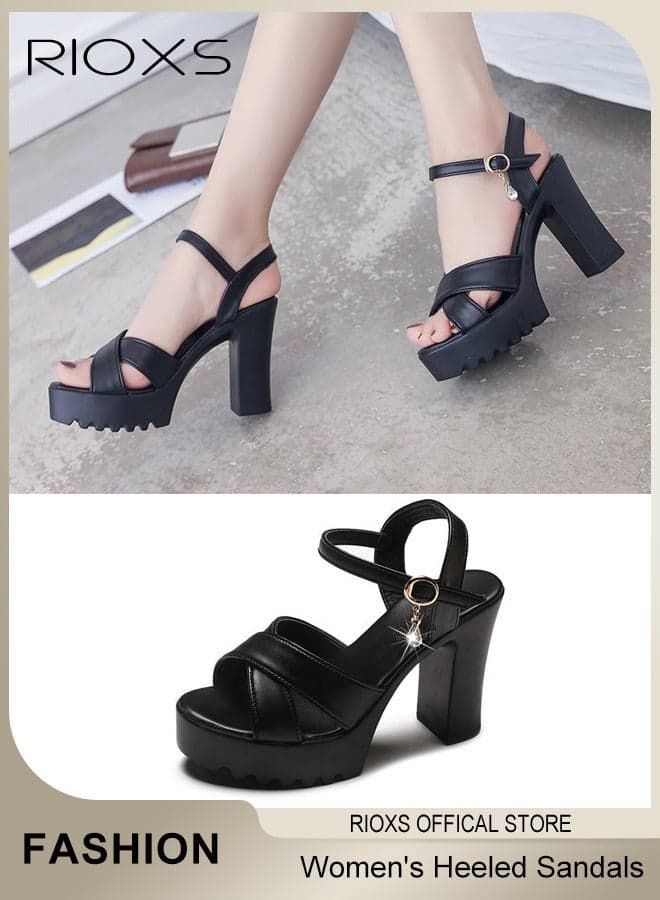 Women's Platform Chunky Block Heel Sandals, Summer High Heel Open-toe Ankle Strap Pumps Shoes, Trendy Anti-slip Strappy Buckle Sandals, Comfortable Strappy Dress Shoes Platform Heeled Sandals, Suitable for Parties, Weddings, Proms, Dating, Daily Wear and More, Black