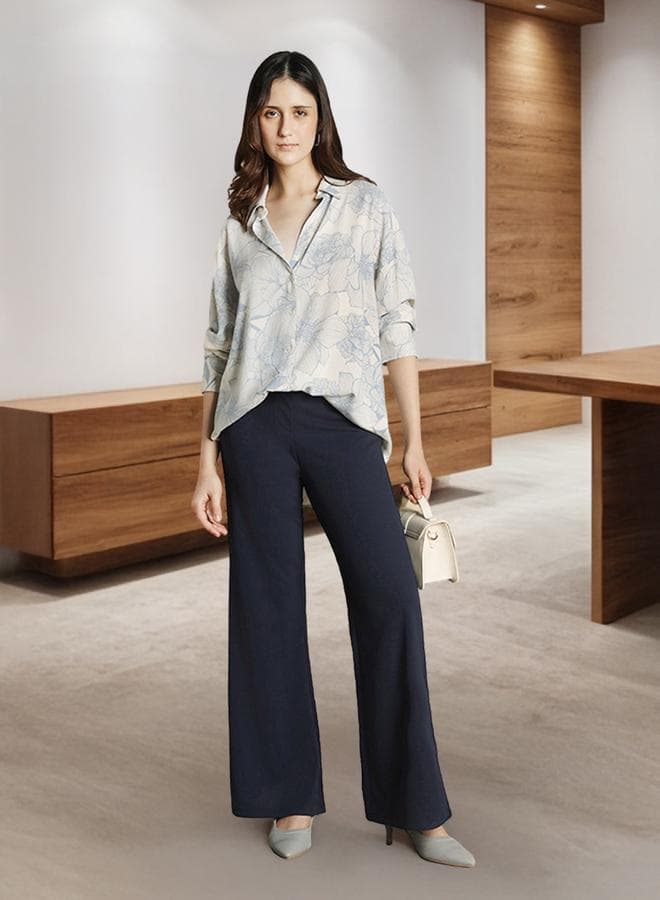 Light Blue Rayon Printed Pattern Oversized FiT-Shirts For Women Full Sleeves Regular Length Upper
