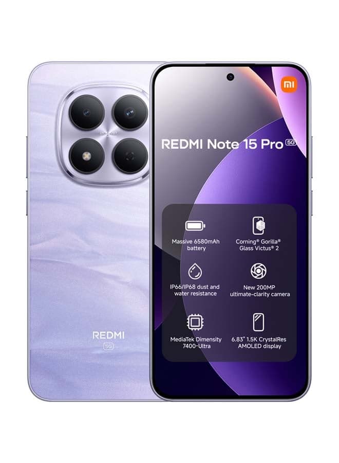 Redmi Note 15 Pro Dual SIM 5G Mist Purple 8GB RAM 256GB with 3 Pin adaptor - Global Version