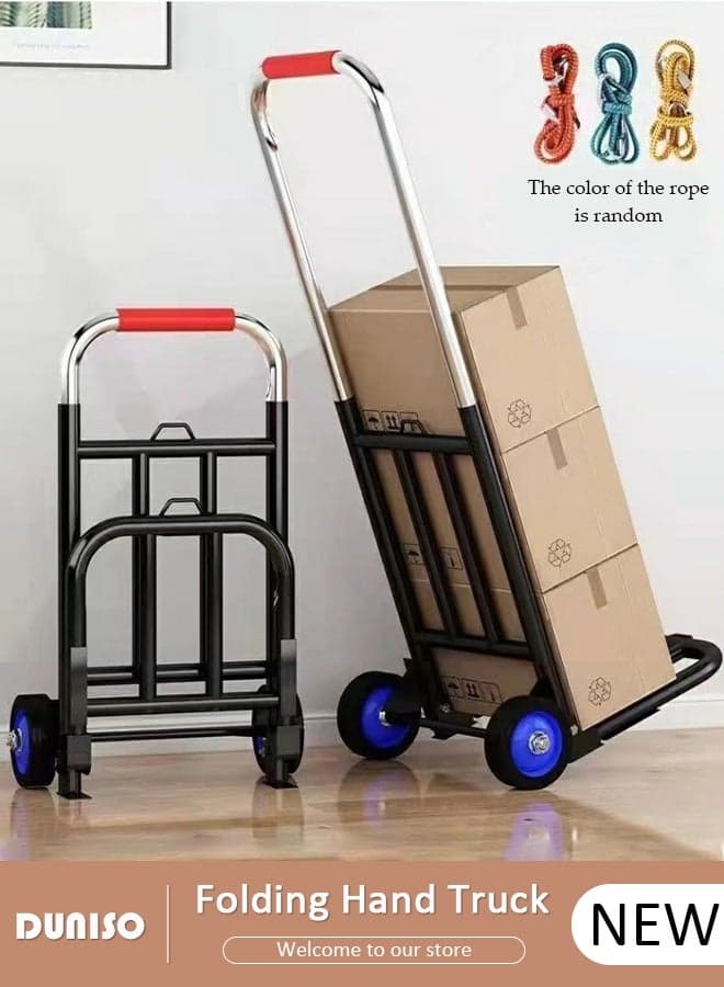 Folding Hand Truck, Folding Home Moving Trailer, Light Portable Trolley with 3 Elastic cord, Heavy Duty Portable Luggage Trolley for Home, Luggage, Travel, Warehouse and Office(Blue Rubber Wheel)