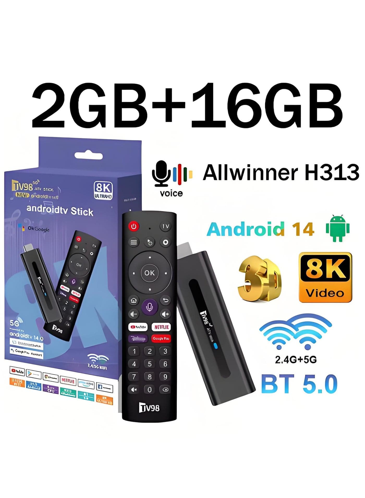 TV98 ATV Android 14 Smart TV Stick 8K 2.4G 5G Dual WiFi Bluetooth 5.0 Setup Box HDR10 Voice Remote Control TV Box Globe H313 Media Player 2GB+16GB