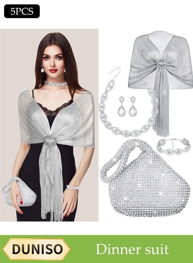 5 Piece Clutch Bag Rhinestone Jewelry Set, Sparkling Rhinestone Necklace Earrings Bracelet Silver Wire Tassel Shawl Cape Evening Bag Set for Women Dinner Date Wedding, Silver