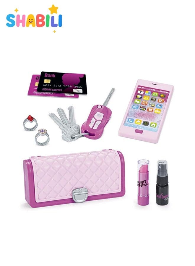 Girls Pretend Purse Makeup Set – 9PCS Role Play Toy with Lipstick, Phone, Keys – Birthday Gift for Kids Age 3+