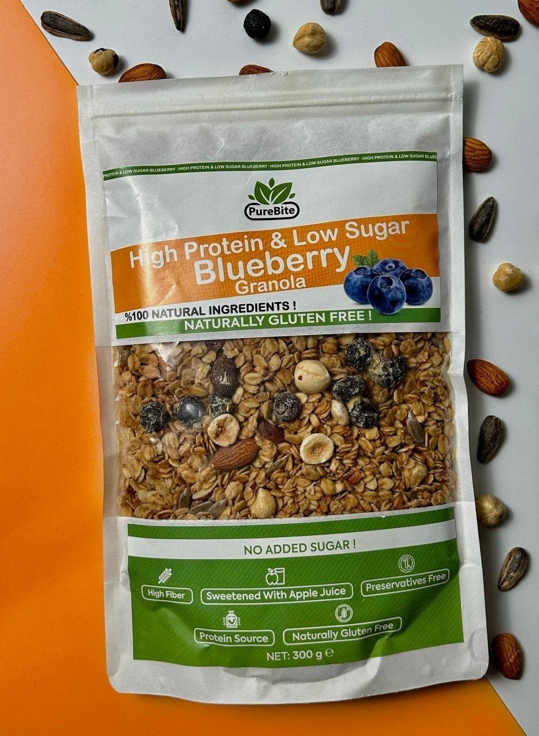 High Protein(Whey Protein added)-Low Sugar Blueberry Granola, No added Sugar, Gluten Free, Sweetened with Apple