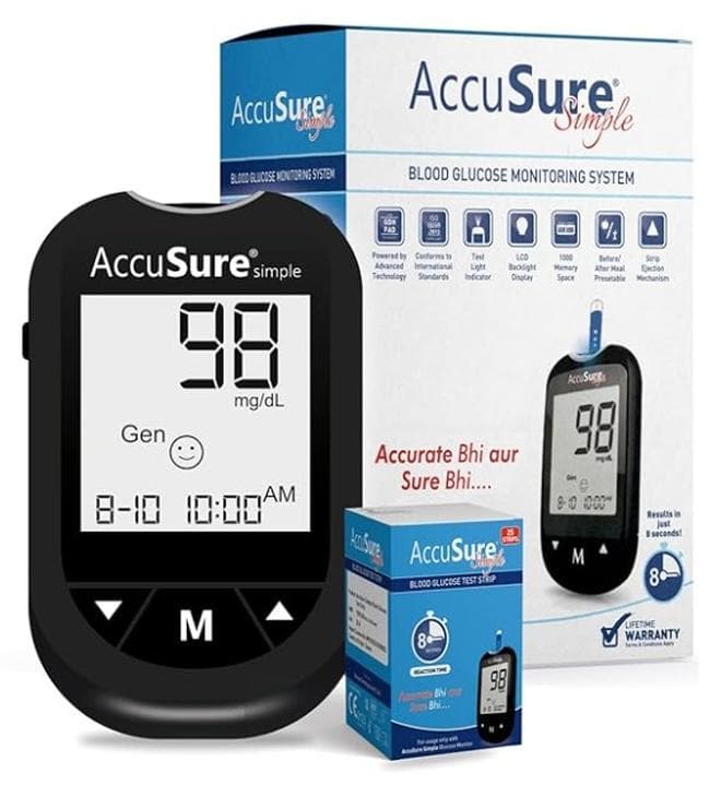 AccuSure Simple Digital Glucometer Kit |with 25 Strips,10 Lancet,1 Lancing device for Accurate Blood Glucose Sugar Testing Machine