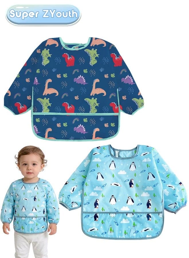 2 Pack Baby Long Sleeve Bibs, Waterproof Toddler Feeding Smock for 1-3 Years with Catch-All Pocket, Full Coverage Apron for Eating, Painting, Outdoor Play, Beach & Camping