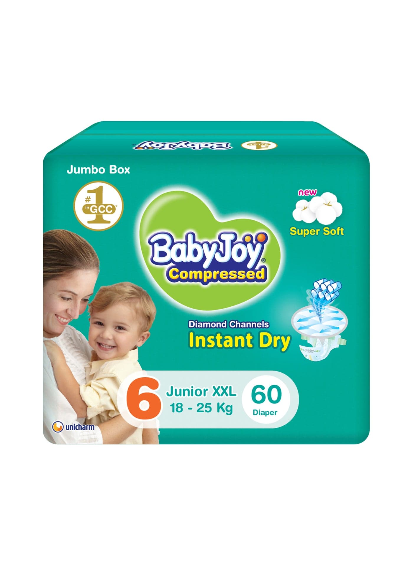 Compressed Diamond Pad Diaper, Size 6, Junior XXL, 16-25 Kg, Jumbo Box, 60 Diapers