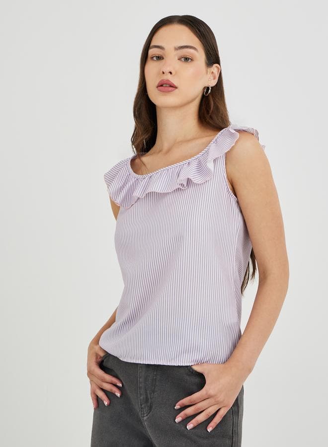 Take Two Striped Ruffled Neckline Sleeveless Top