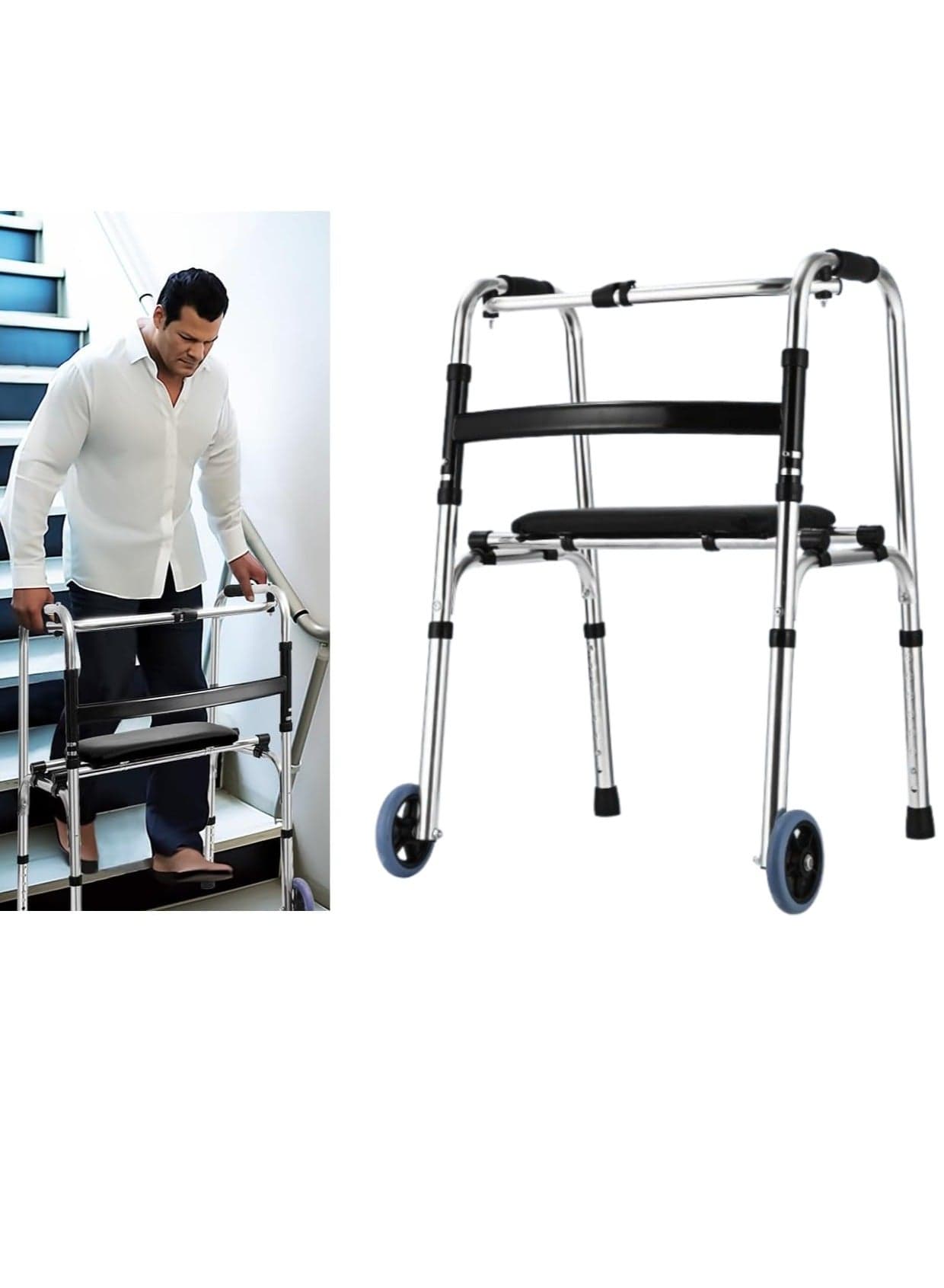 Heavy-Duty Foldable Walker with Seat for Elderly 8-Levels Adjustable Height Walking Stick with Anti-Slip Design Durable Aluminum Alloy Mobility Aid with Walking Pulley Fixed and Interactive Use & One-Touch Storage for Home and Outdoor Mobility Assistance