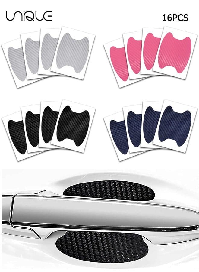 16-Piece Car Door Handle Sticker, Carbon Fiber Anti-Scratches Car Door Cup Protector, Non-Marking Auto Door Handle Protective Film for Most Car Handles (Black+Blue+Pink+Silver)