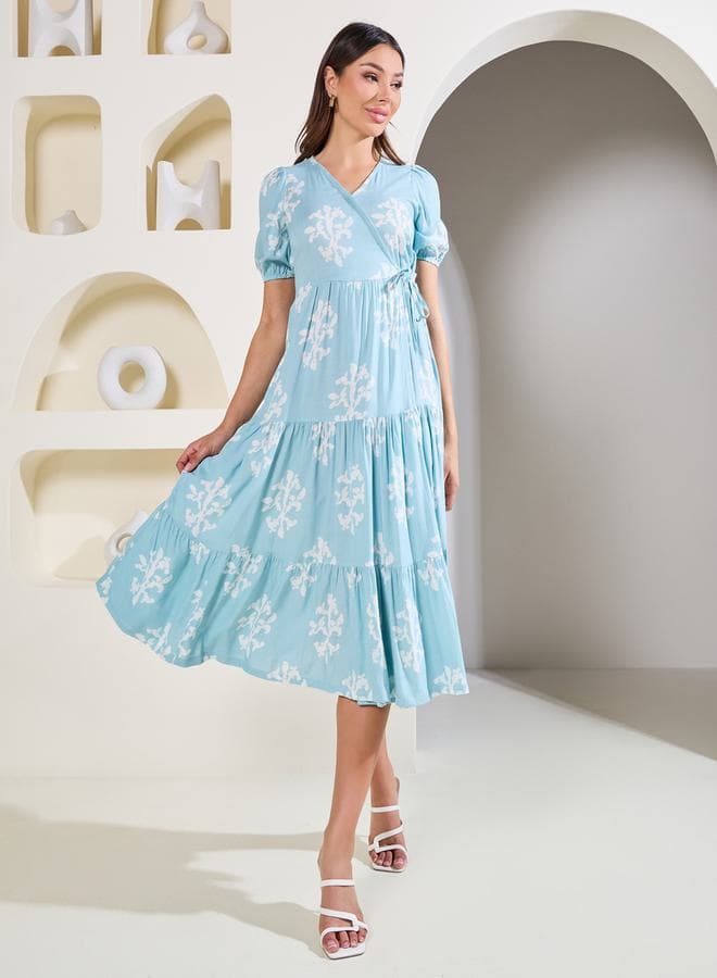 Block Print Tiered Wrap Midi Dress