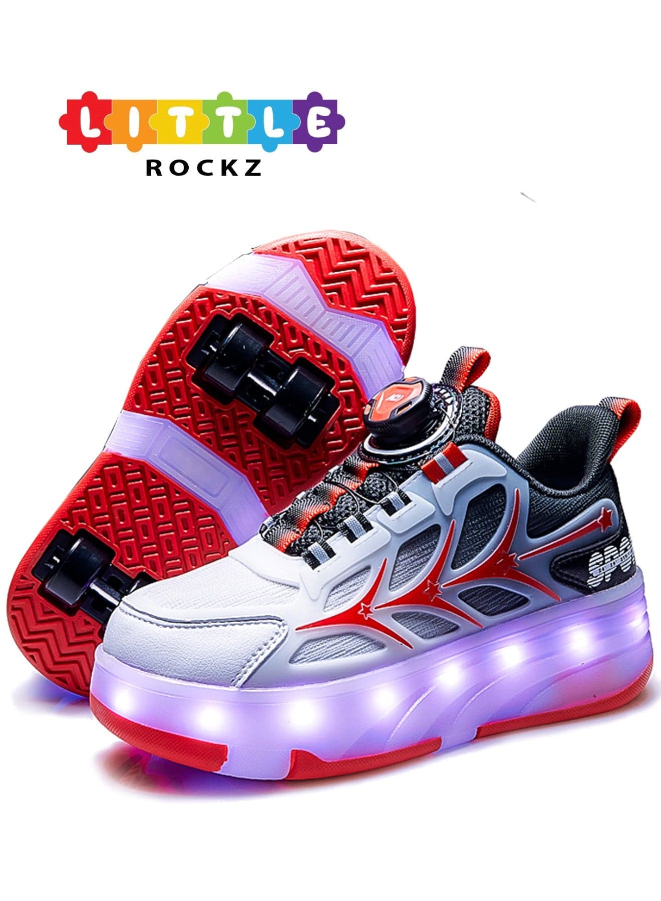 Kids Four Wheel Roller Shoes Rechargeable LED Flash Light Sneaker Skate Heelys Shoes Red