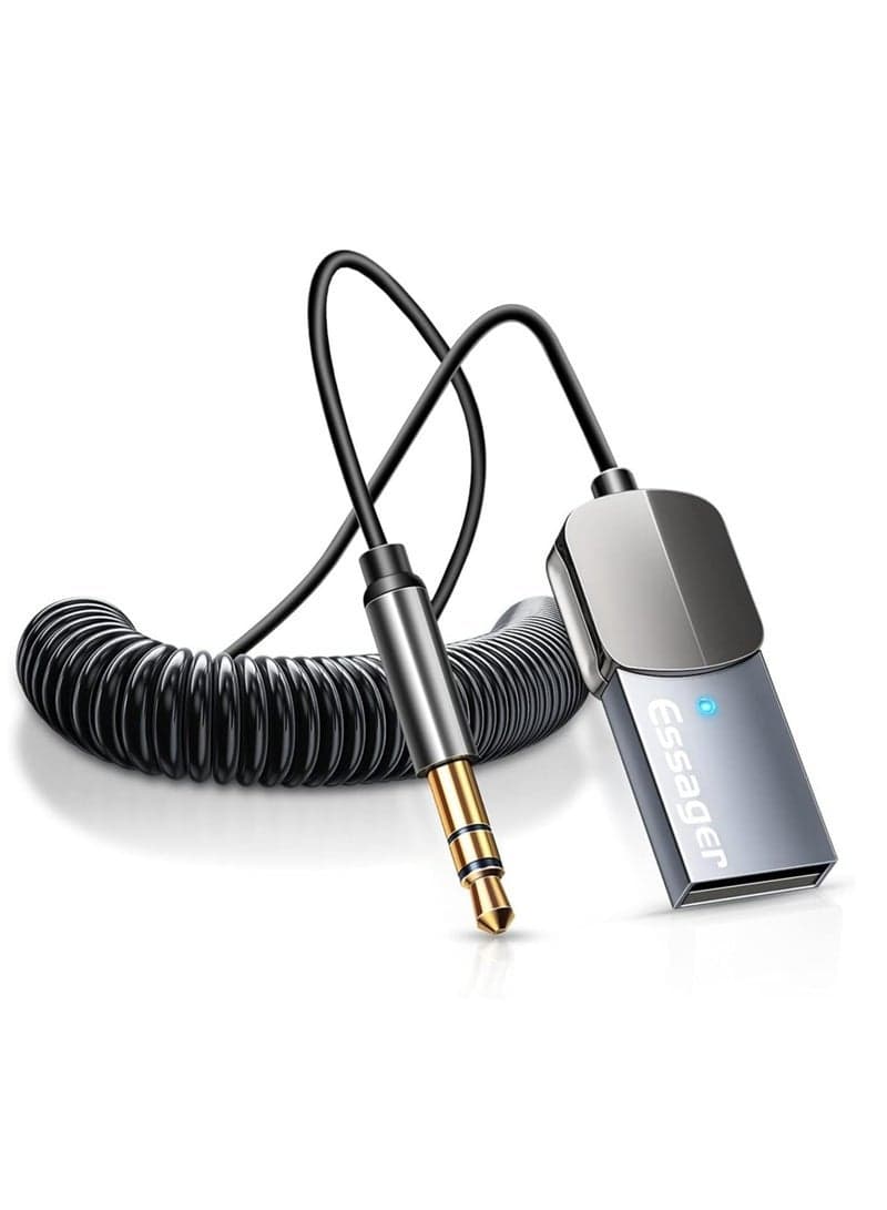 Bluetooth Adapter for Car,Essager Noise Cancelling Bluetooth 5.0 Receiver,Lossless Music USB to 3.5mm Jack Audio Adapter with Built-in Microphone for Car Kits/Home Stereo/Handsfree Call Speaker