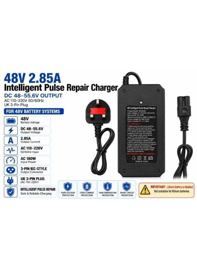 FUKUKAWA® 48V 2.85A Smart Charger for Electric Scooter & E-Bike | 220V 50Hz Fast Lithium Battery Charger | Auto Cut-Off, Multi-Protection, LED Indicator, UK Plug | DC 59.5V Output 180W Max