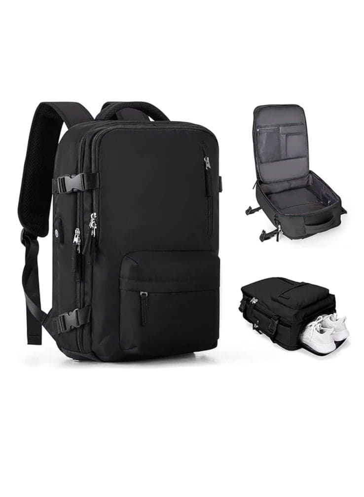 Large capacity travel backpack, black carry on backpack, waterproof outdoor sports backpack, leisure day bag, with USB charging port, dry wet separation