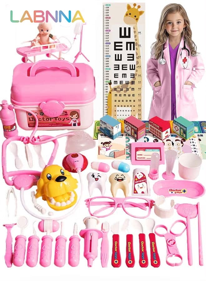 65 Pcs Doctor Kit for Kids,Pretend Play Set for Boys Girls Fun Role Playing Game with Coat Carry Case and Accessories,Educational Toy Doctor Playset for Boys Girls Ages 3+ Pink