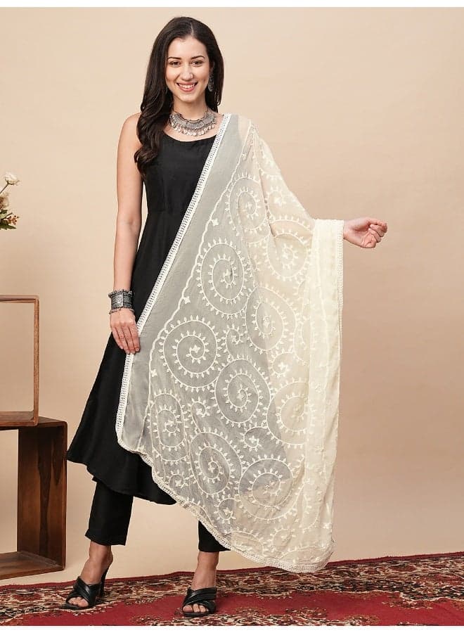 Globus Women's Off White Embroidered Cotton Blend Dupatta