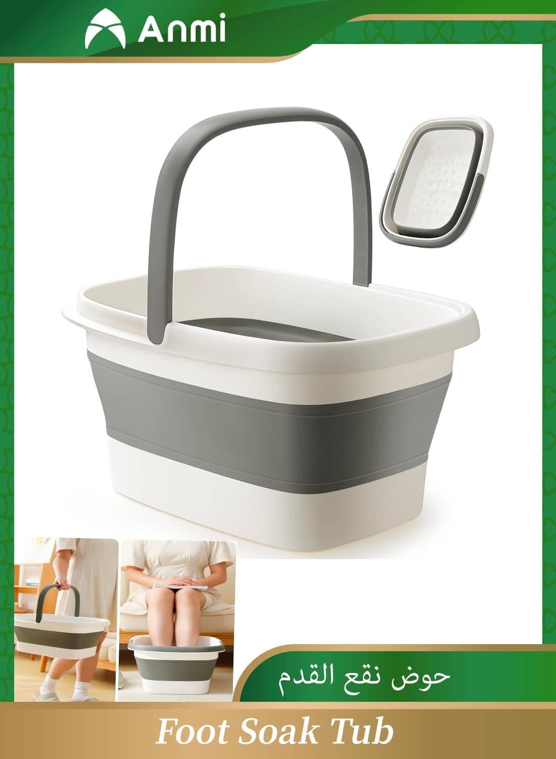 Collapsible Foot Soak Tub, Foot Bath Basin with Massage Acupoint, Pedicure Foot Spa, Multifunction Plastic Bucket with Handle (Grey)
